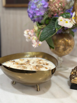 Large 1950s Asymmetric Brass Vessel with Gold Leaf Accents, Lavender Scent Candle