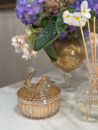 Carnival glass basket, lavender scented candle