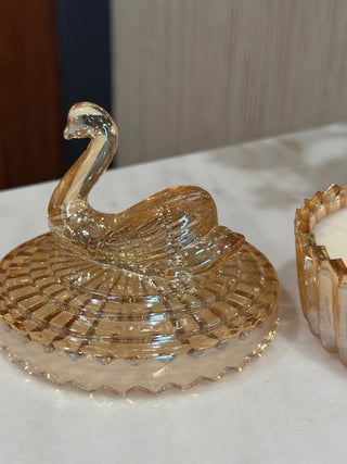 Carnival glass basket, lavender scented candle