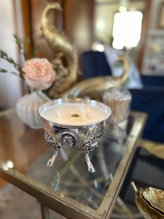 Lavender Scented Candle in Antique Silver-Plated Medallion Footed Vessel