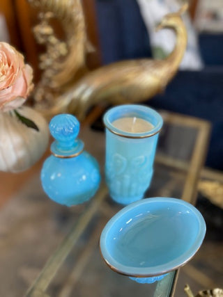 1950s 3-Piece Avon dresser set with candle 3 in blue