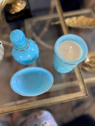 1950s 3-Piece Avon dresser set with candle 3 in blue