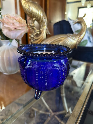 Lavender Scented Candle in 1920s Cobalt Blue Pressed Glass Vessel on Feet