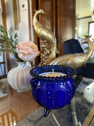Lavender Scented Candle in 1920s Cobalt Blue Pressed Glass Vessel on Feet